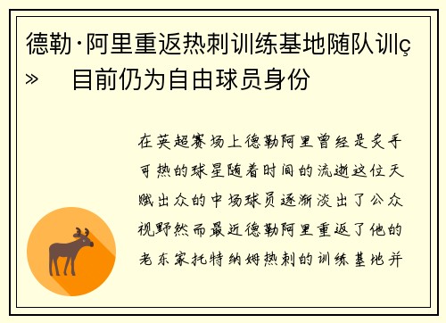 德勒·阿里重返热刺训练基地随队训练 目前仍为自由球员身份