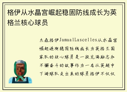 格伊从水晶宫崛起稳固防线成长为英格兰核心球员