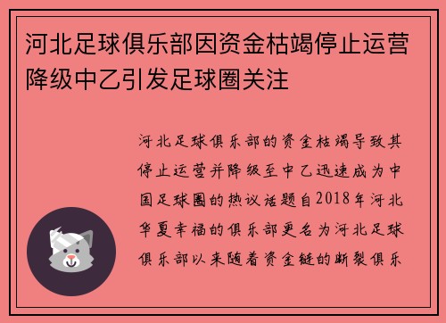 河北足球俱乐部因资金枯竭停止运营降级中乙引发足球圈关注